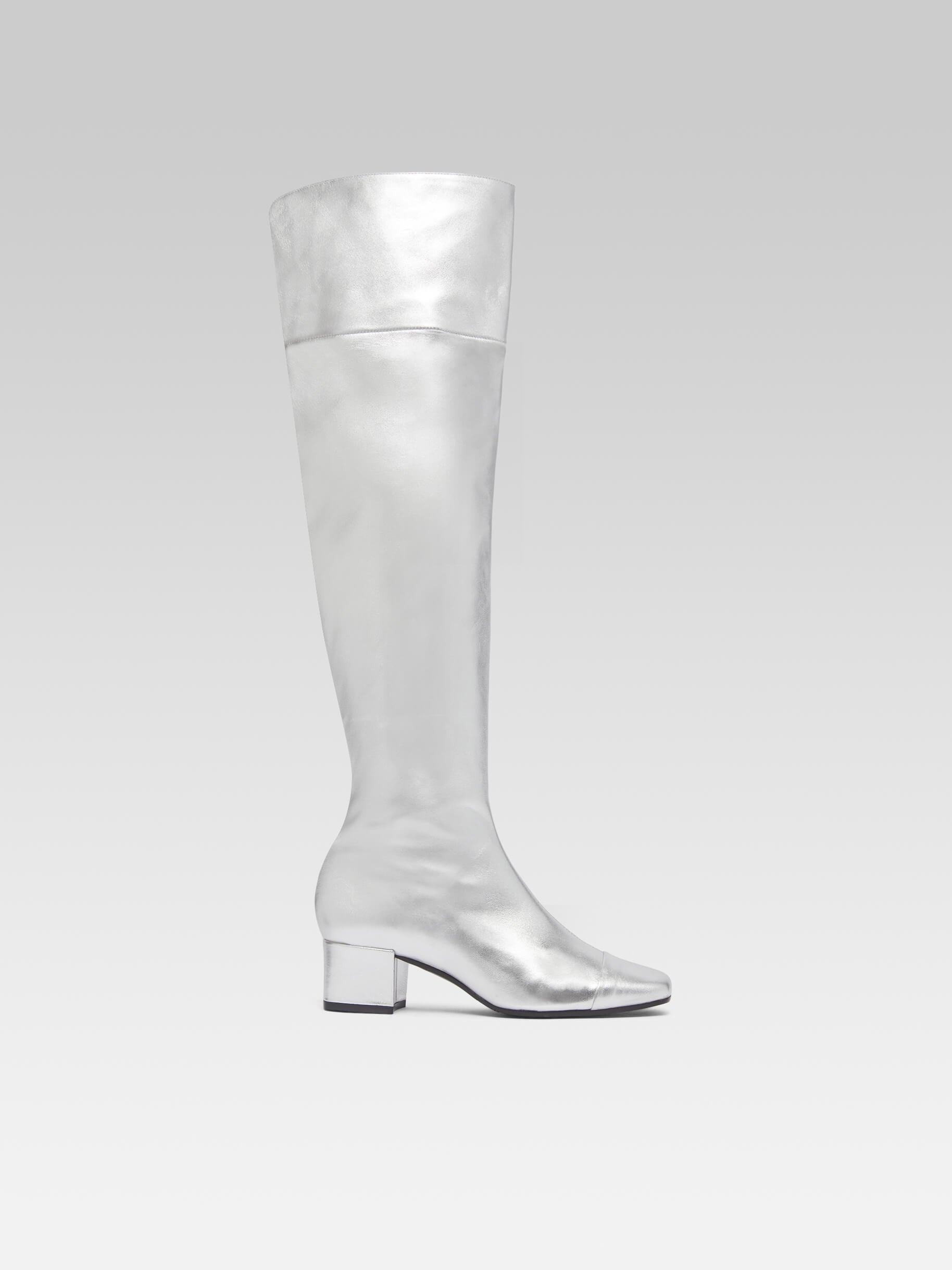 Brigitte Bottes cuissarde cuir argent