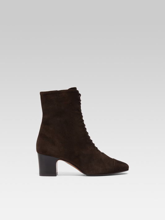 Colette - Bottines à lacets cuir velours marron