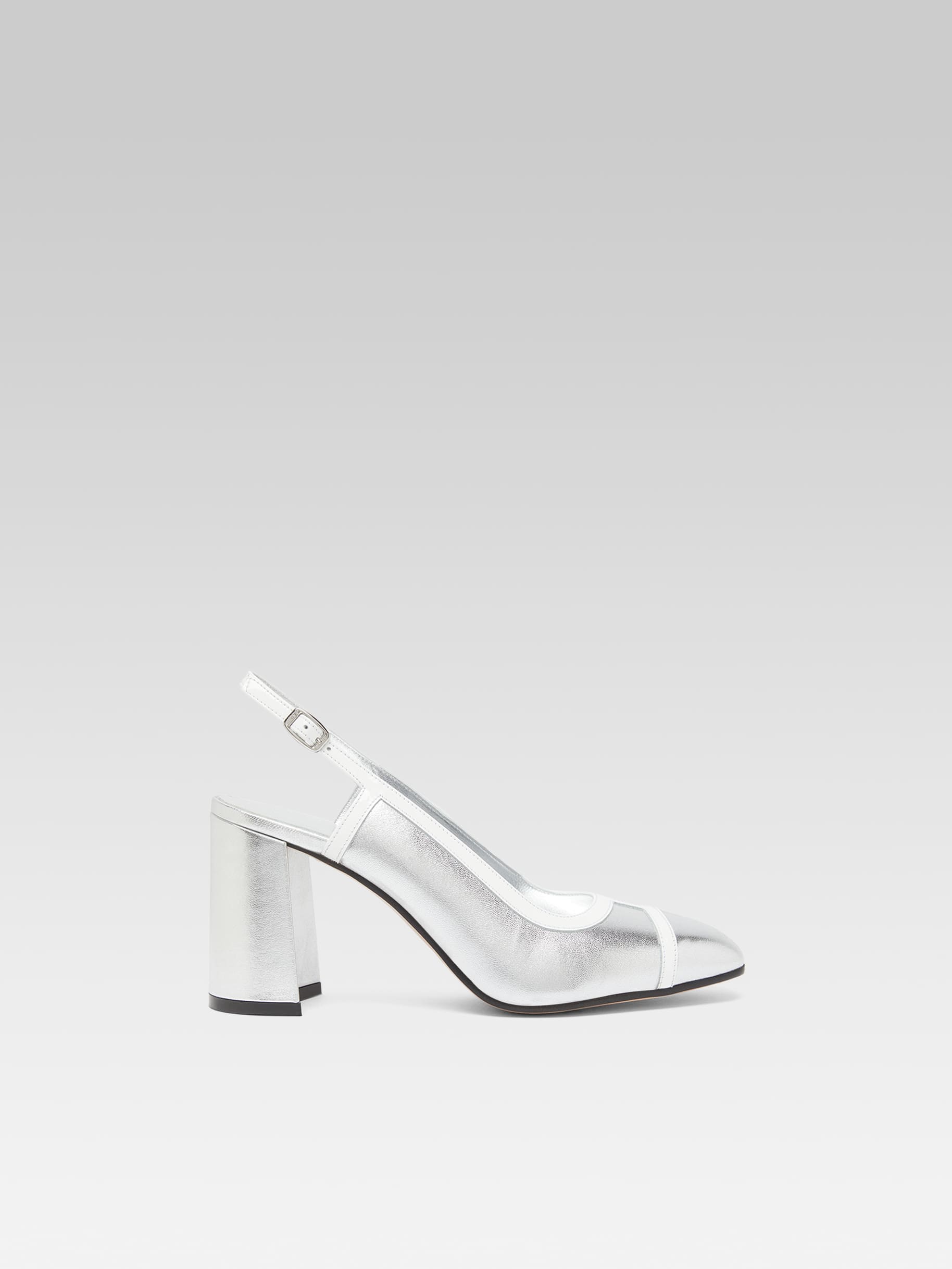 Alizee - Silver laminated leather and white patent leather slingback pumps