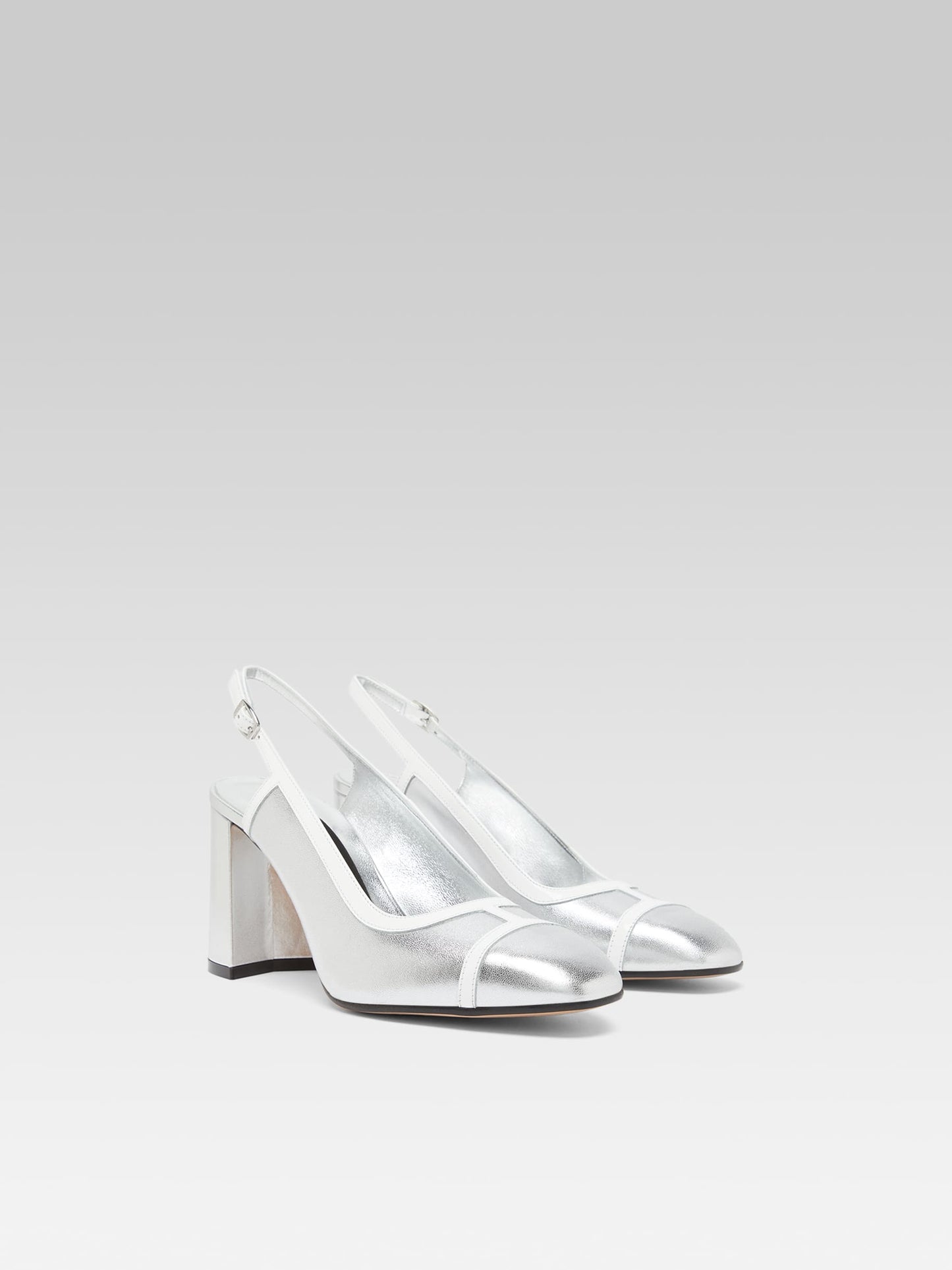 Alizee - Silver laminated leather and white patent leather slingback pumps