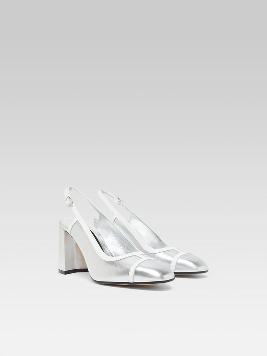 Alizee - Escarpins slingback cuir laminé argent et cuir verni blanc - Image numéro 2