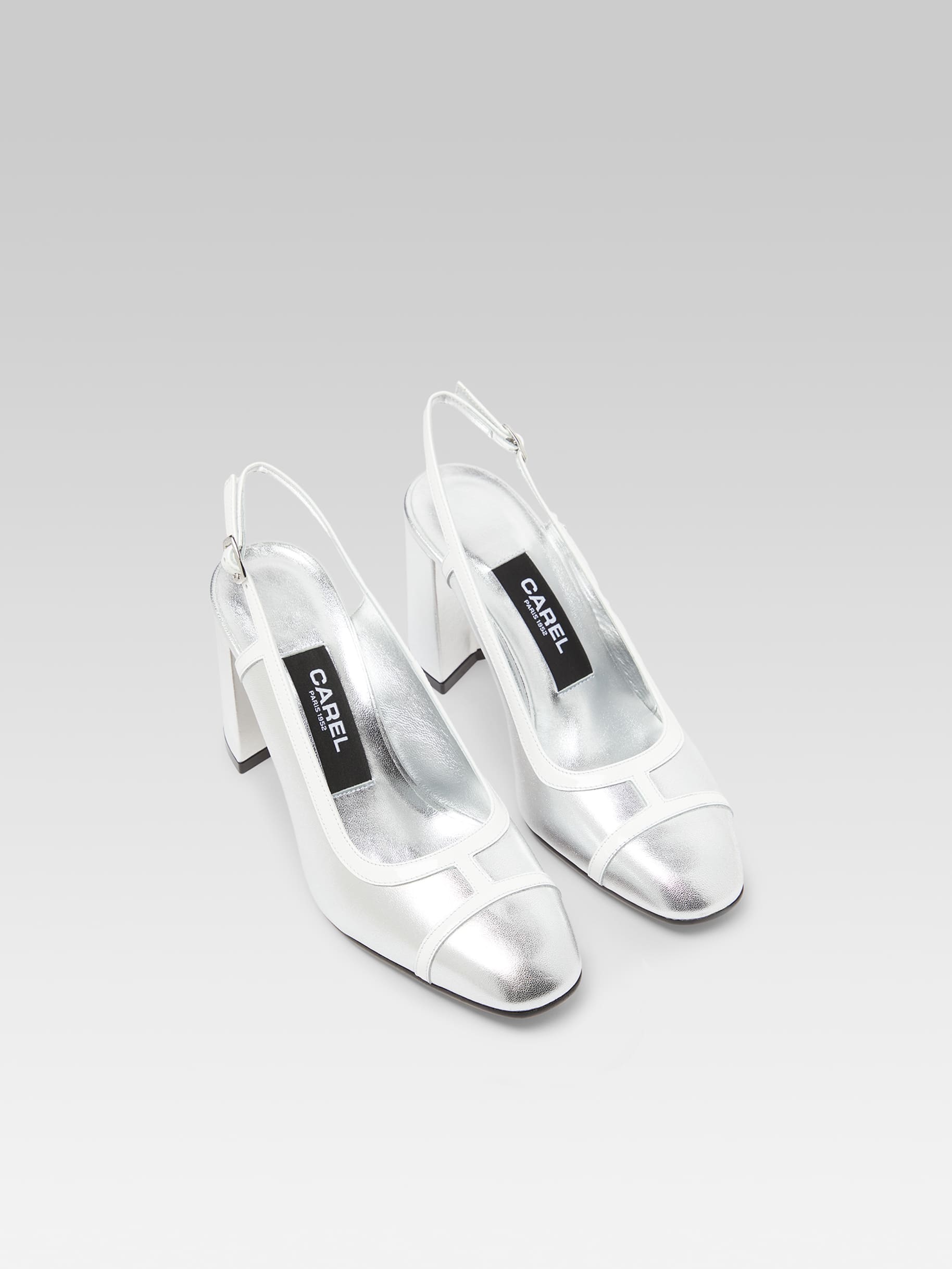 Alizee - Silver laminated leather and white patent leather slingback pumps - Image number 3