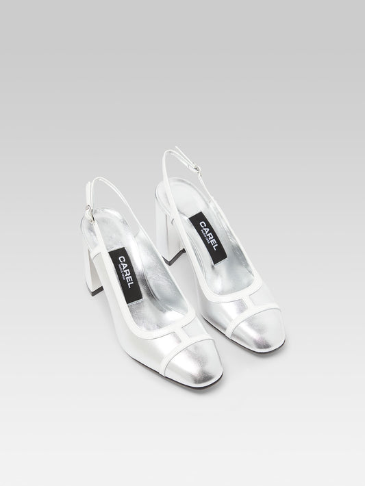 Alizee - Escarpins slingback cuir laminé argent et cuir verni blanc - Image numéro 3