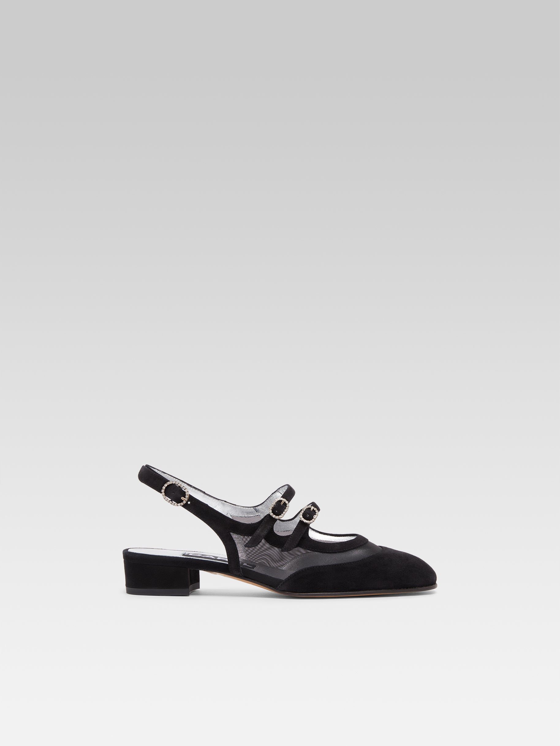 Peche night - Babies slingback cuir velours résille noir et boucles strass