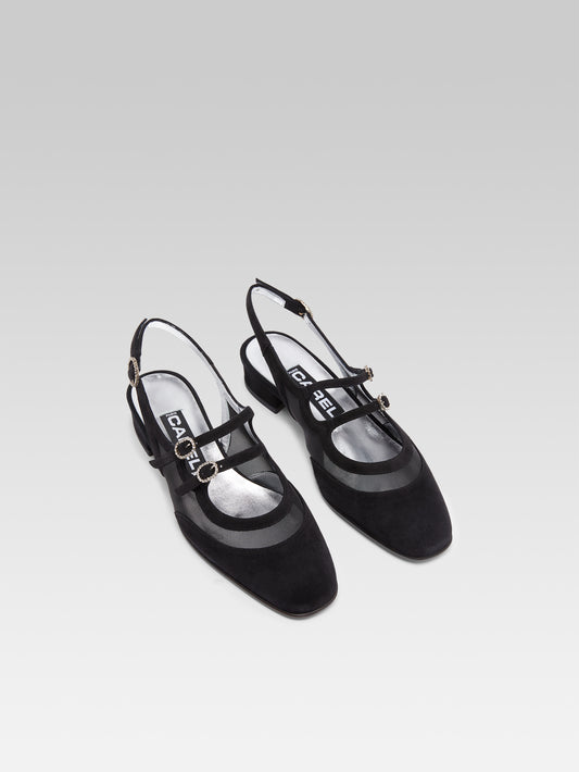 Peche night - Black suede leather and strass buckles slingback Mary Janes