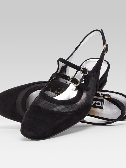 Peche night - Babies slingback cuir velours résille noir et boucles strass - Image numéro 6