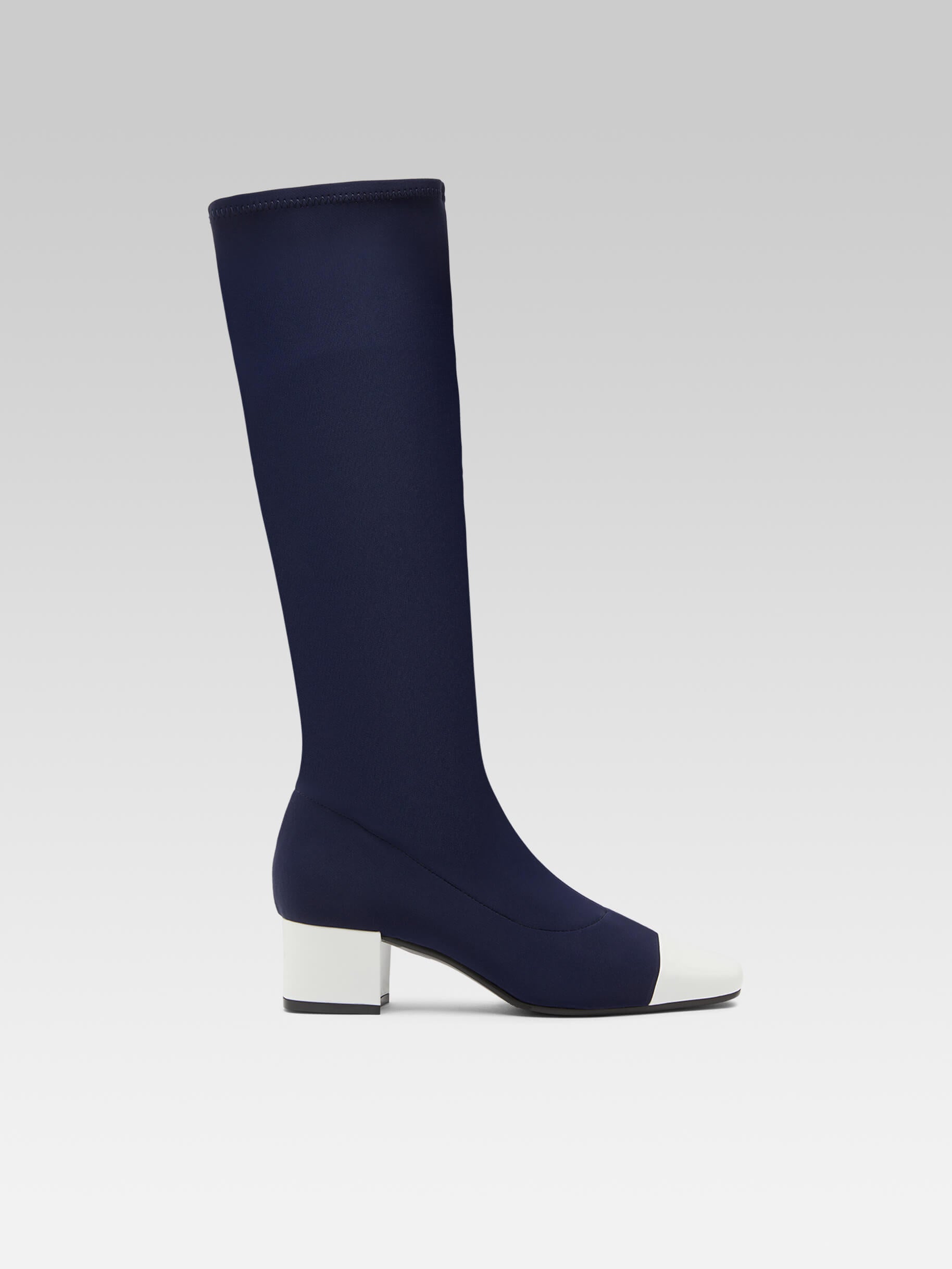 Malaga - Blue stretch fabric and white patent leather boots - Image number 1