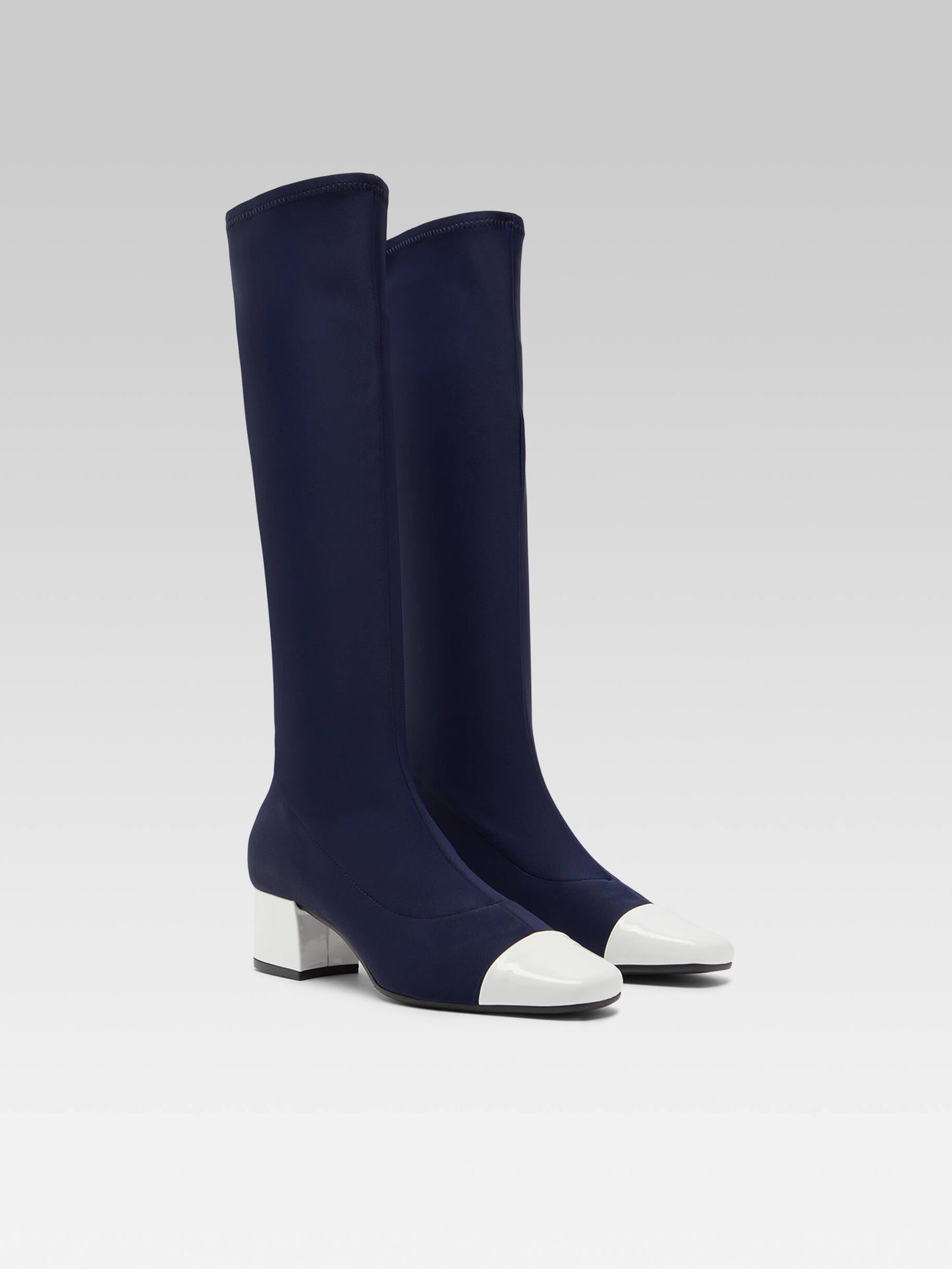 Malaga - Blue stretch fabric and white patent leather boots