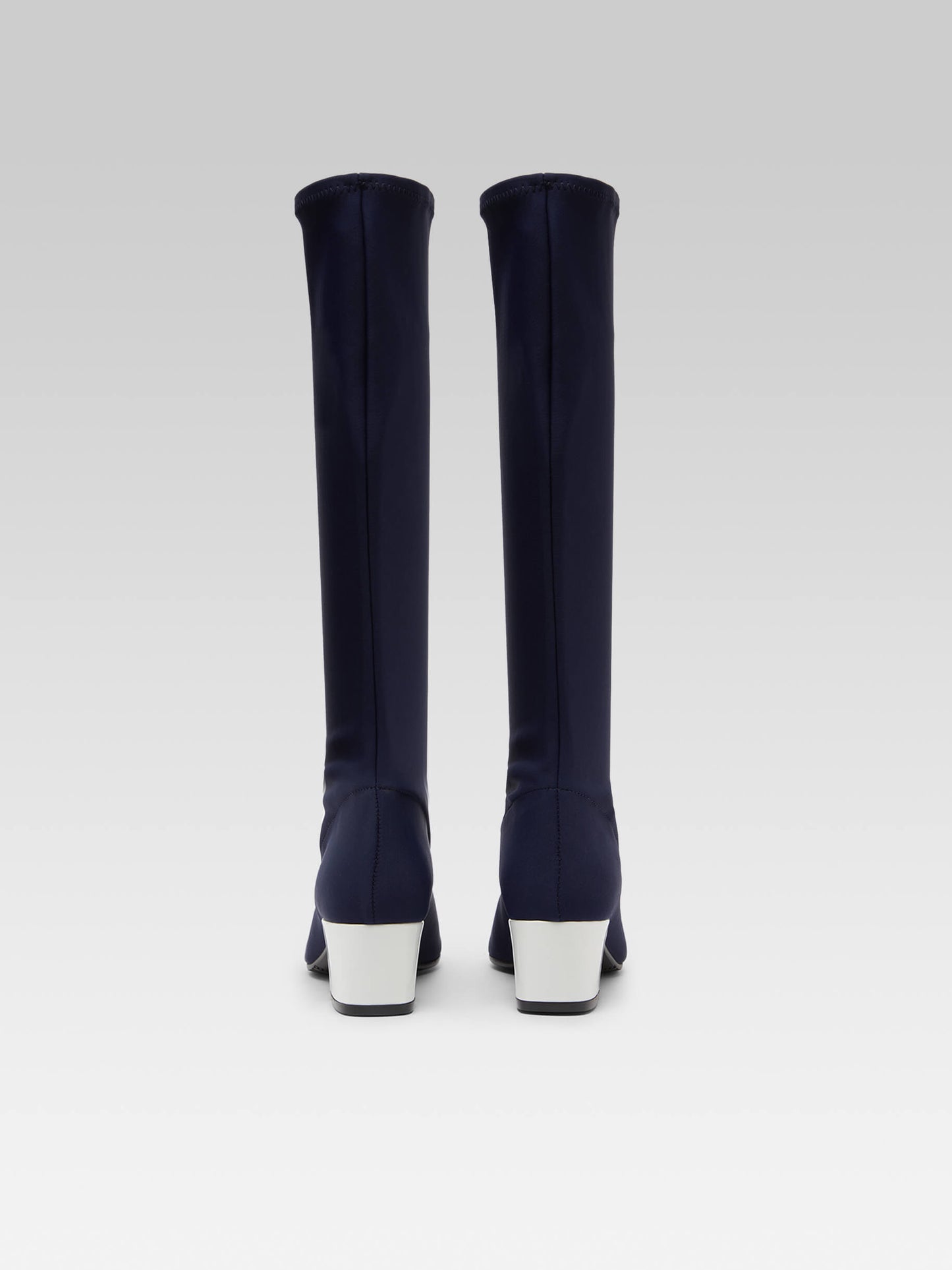 Malaga - Blue stretch fabric and white patent leather boots