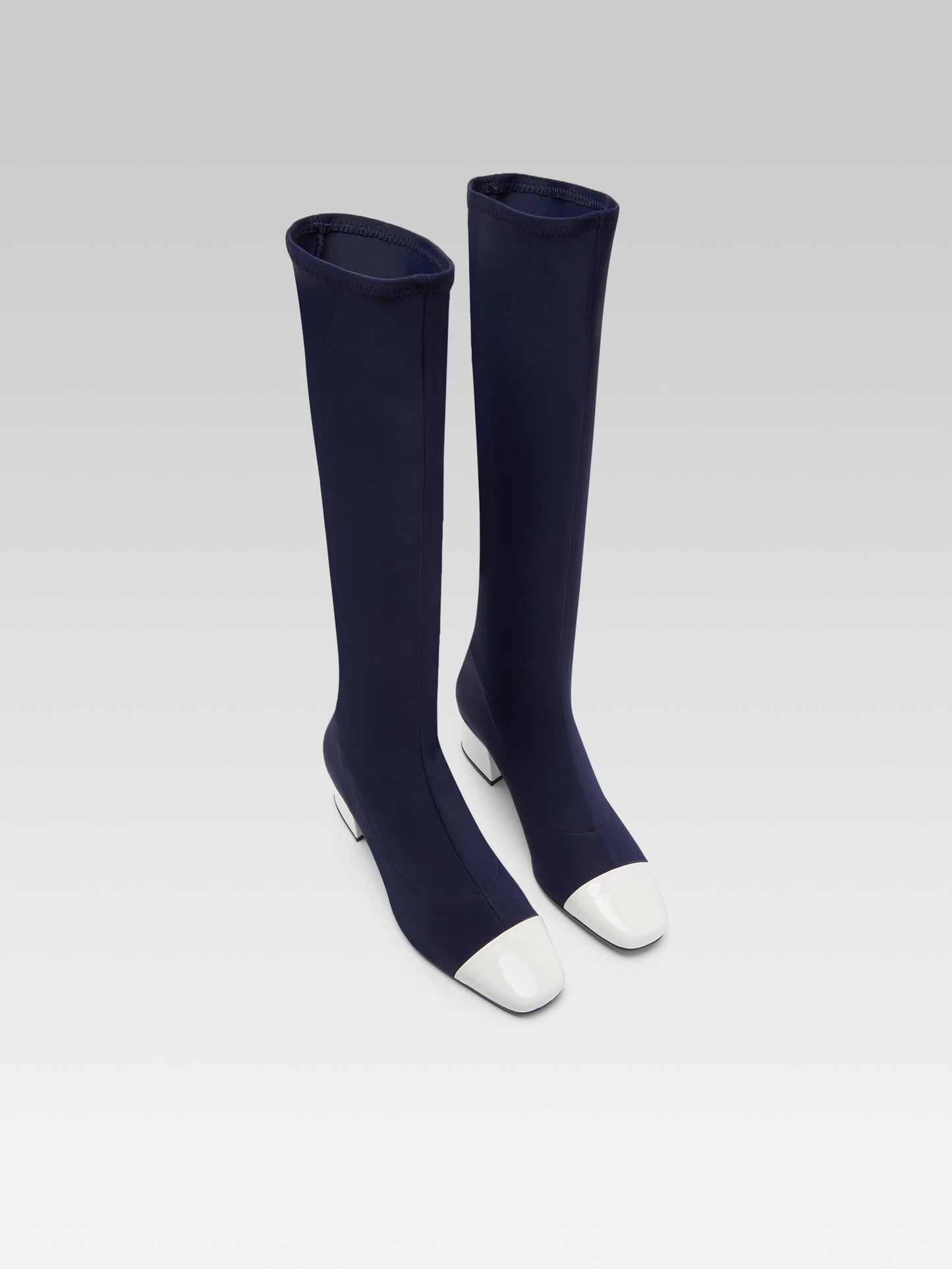 Malaga - Blue stretch fabric and white patent leather boots