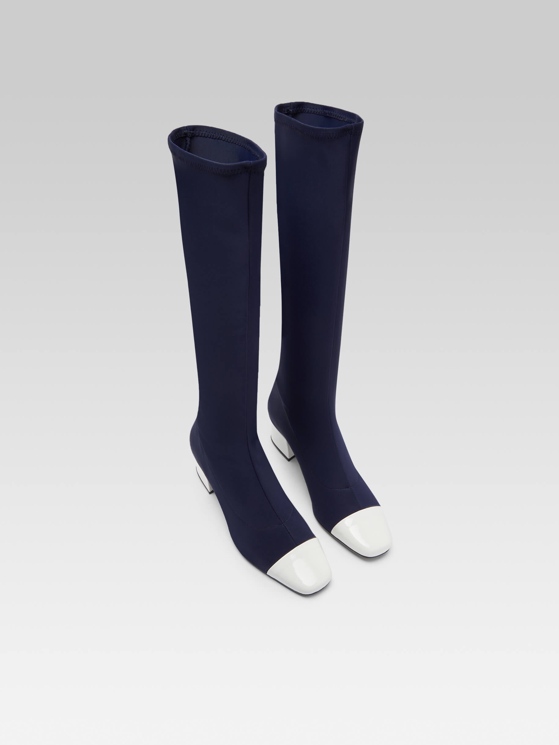 Malaga - Blue stretch fabric and white patent leather boots - Image number 3