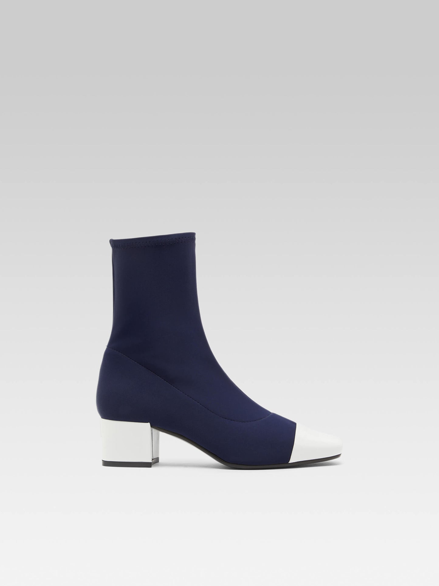 Estime - Blue stretch fabric and white patent leather boots