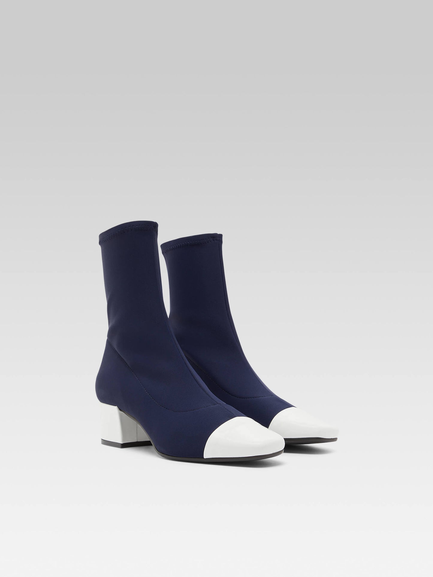 Estime - Blue stretch fabric and white patent leather boots