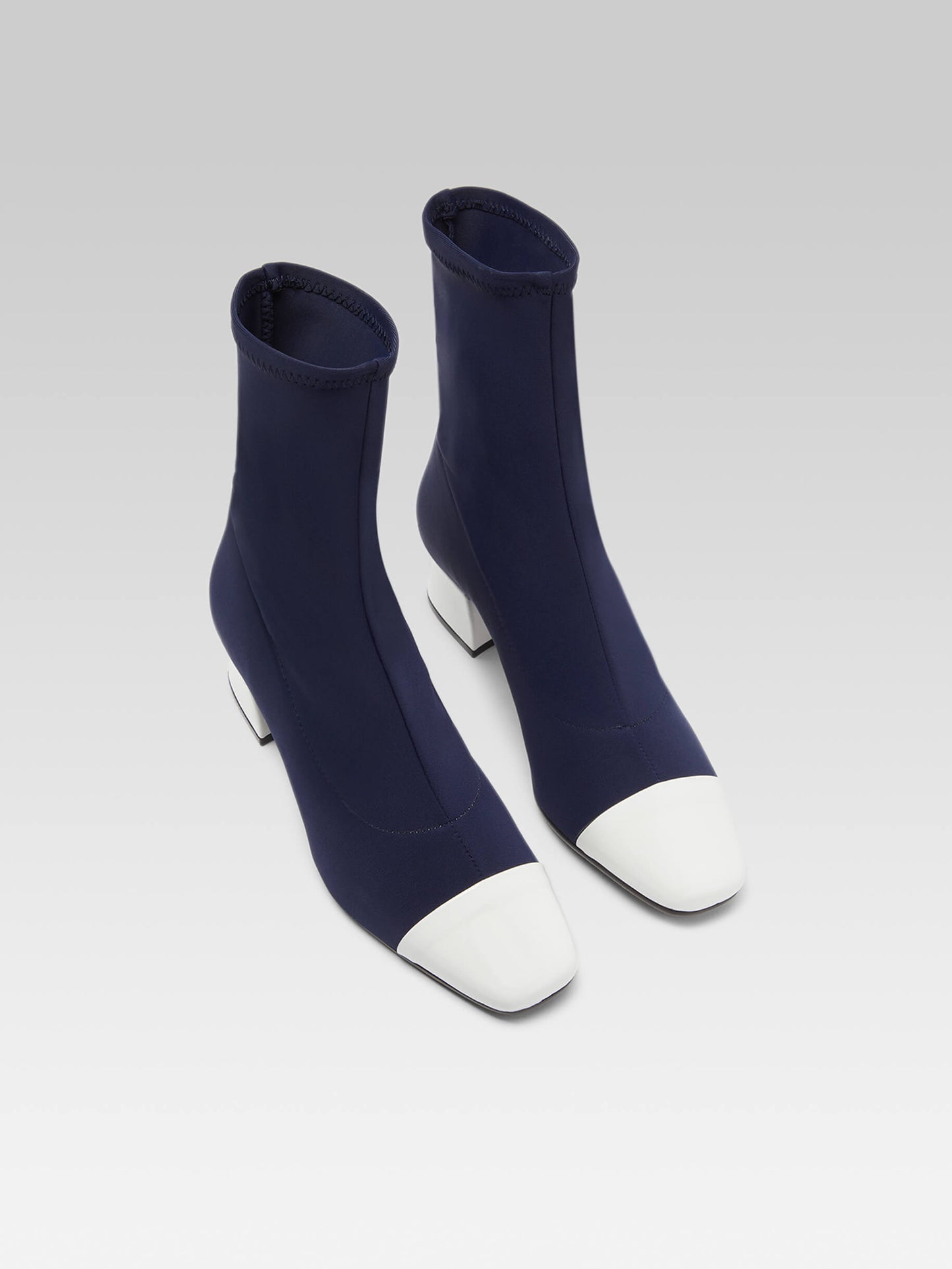 Estime - Blue stretch fabric and white patent leather boots