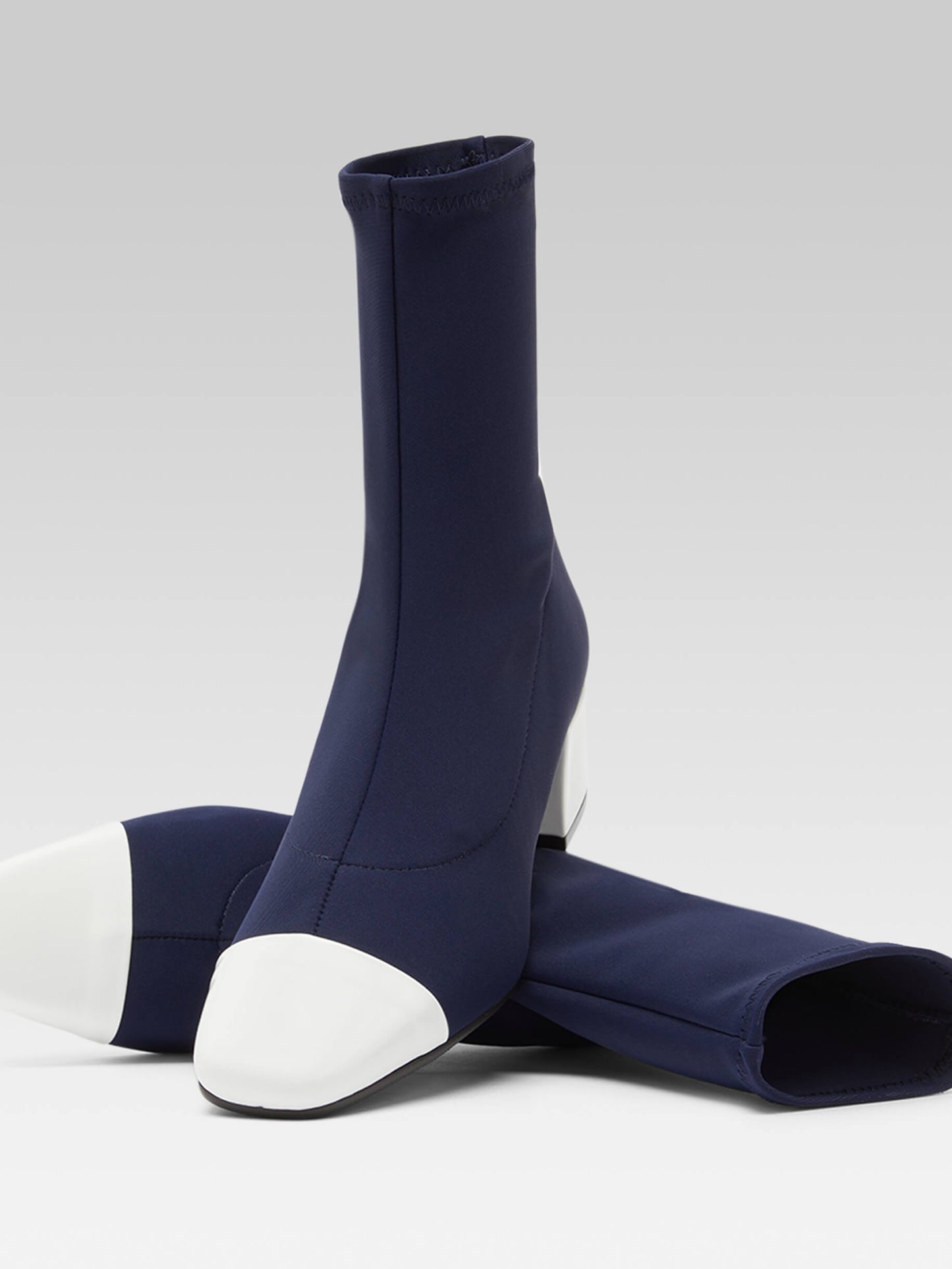 Estime - Blue stretch fabric and white patent leather boots