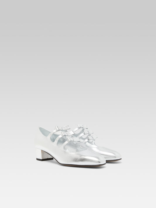 Kinette - Mary janes pumps with bows in silver laminated leather - Image number 3