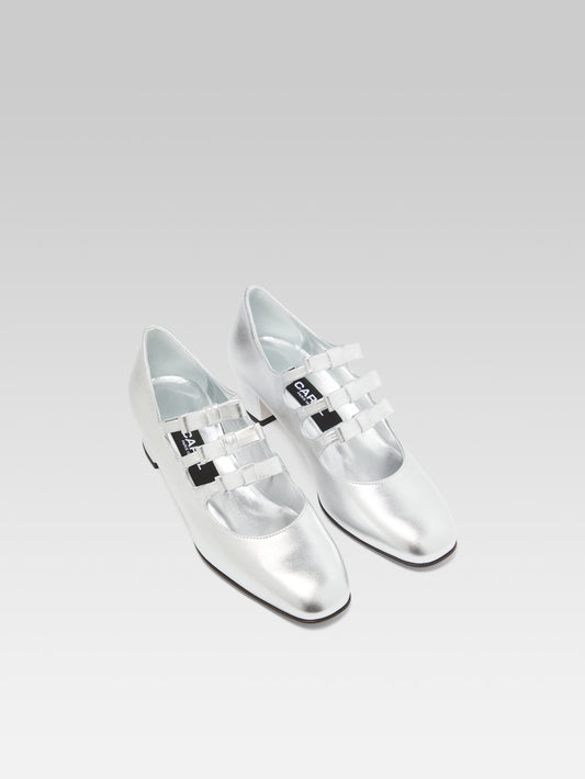 Kinette - Mary janes pumps with bows in silver laminated leather