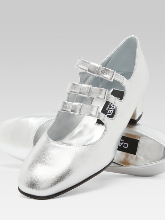 Kinette - Mary janes pumps with bows in silver laminated leather - Image number 5