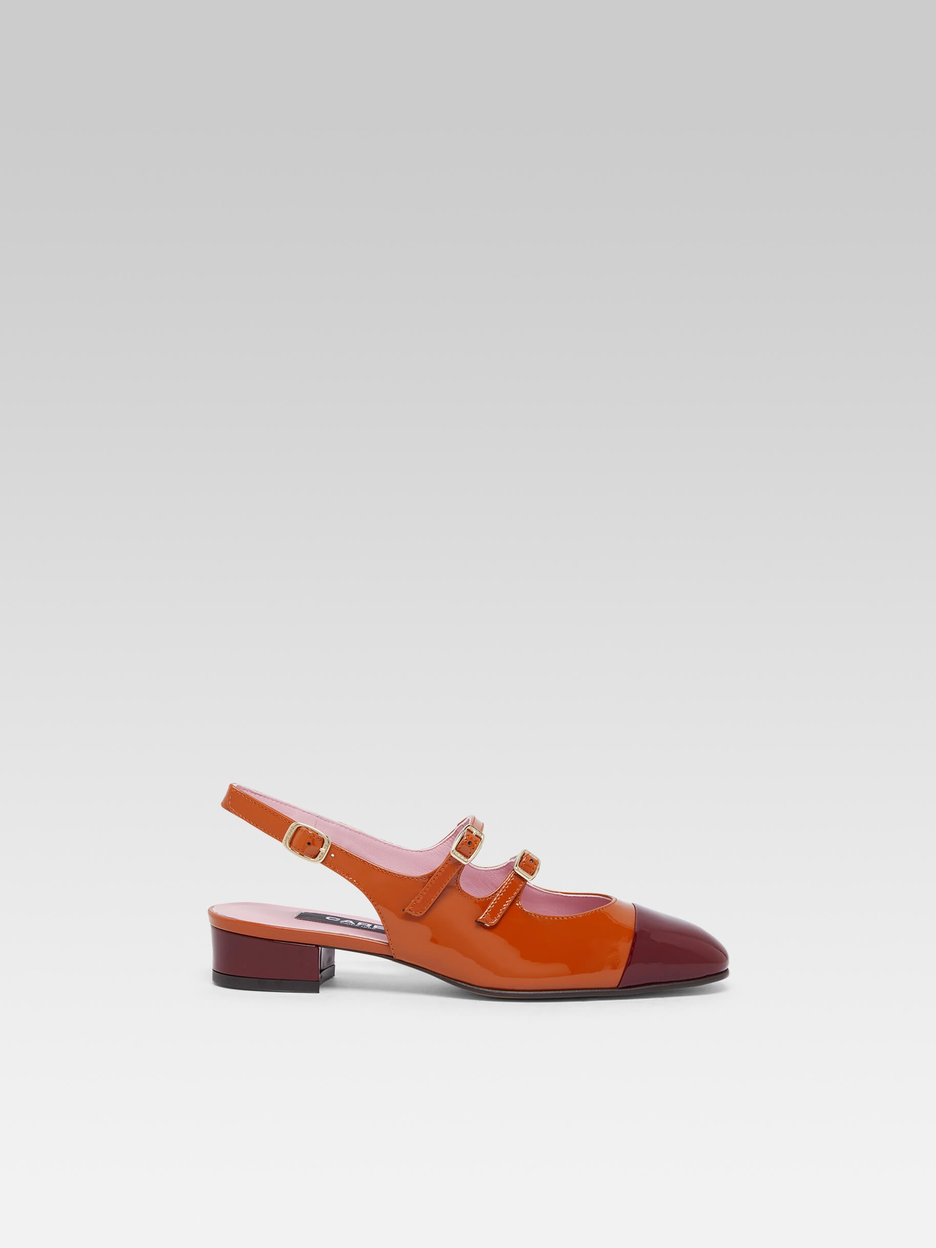 Abricot - Camel and burgundy patent leather slingback Mary Janes