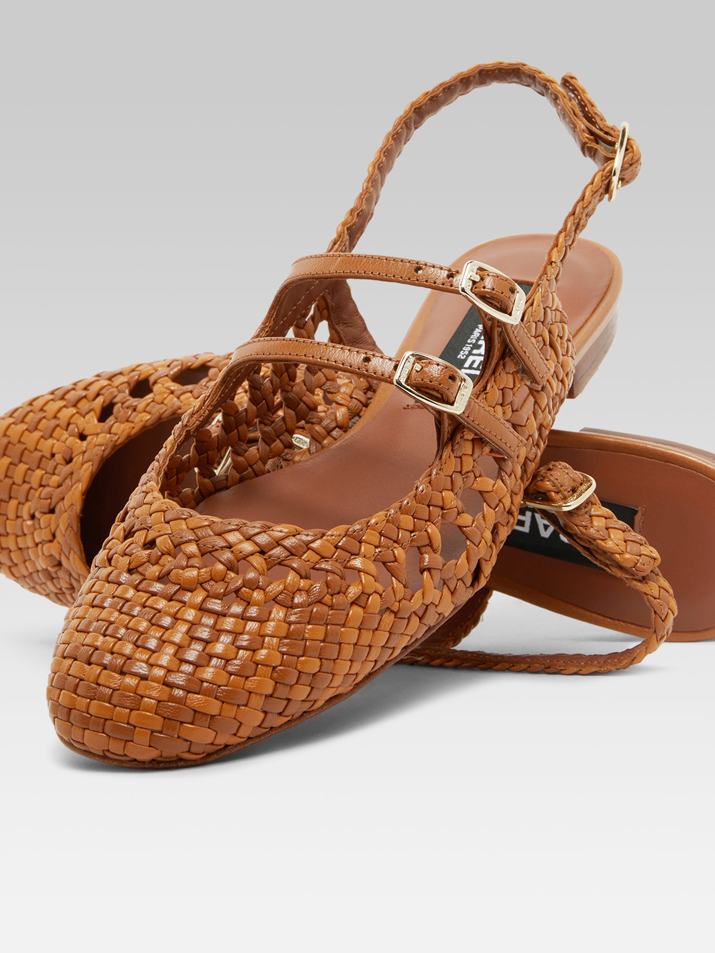 Melon - Camel braided leather slingback Mary Janes