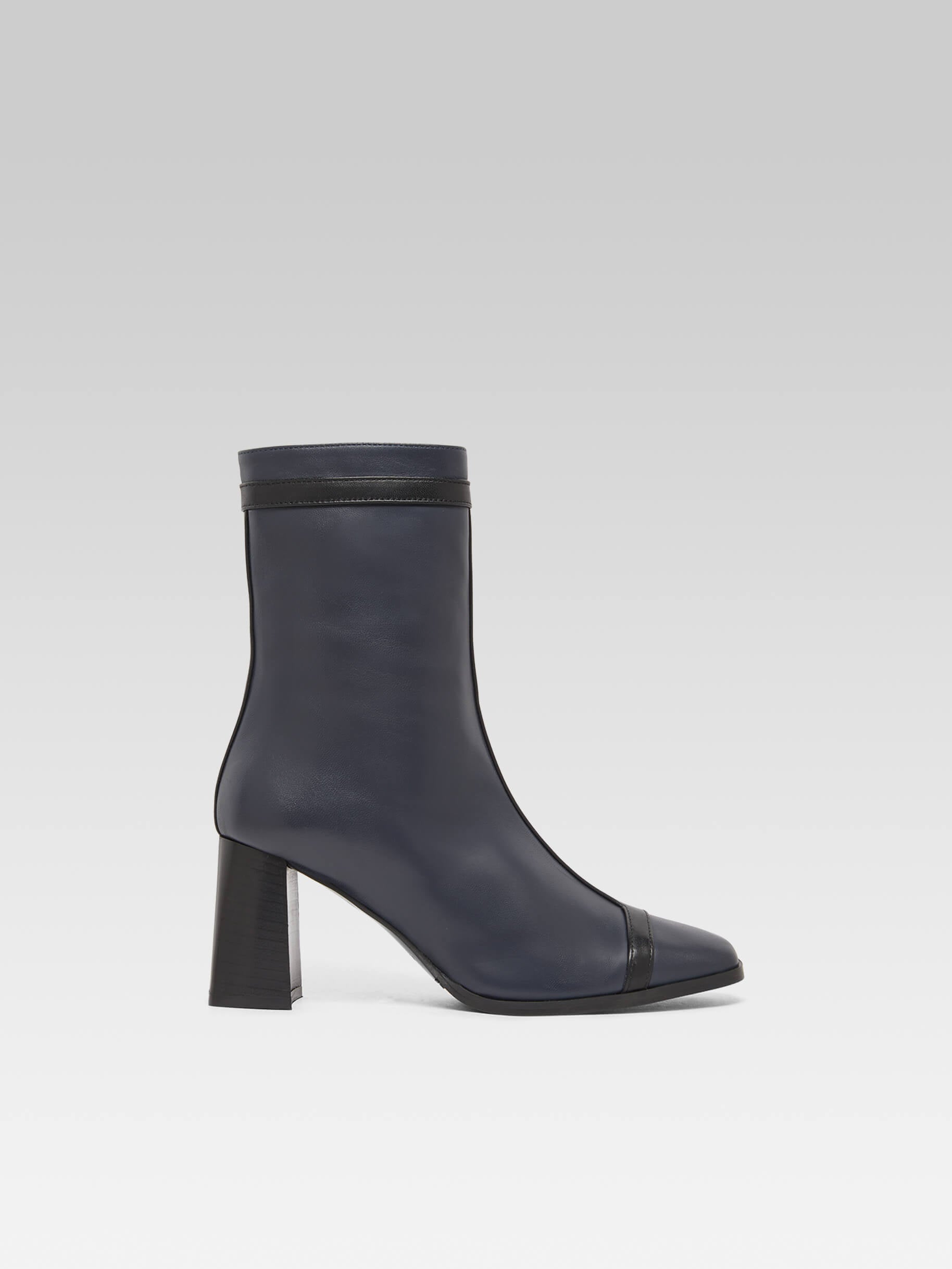 Catherine Navy blue leather and black leather ankle boots