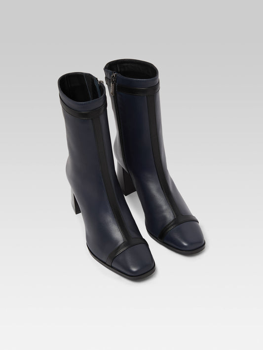 Catherine - Navy blue leather and black leather ankle boots