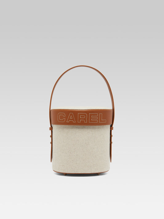 Bibi - Ecru fabric and camel leather bucket bag - Image number 2