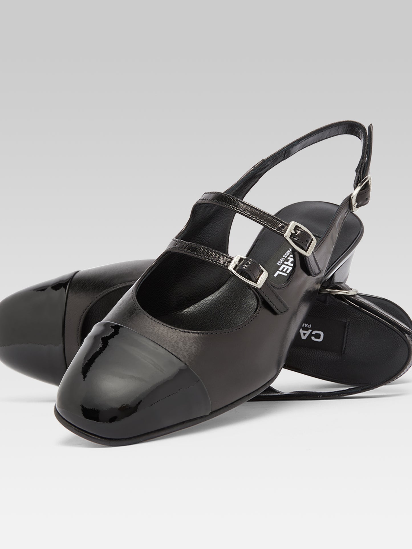 Abricot - Black leather and patent leather slingback Mary Janes