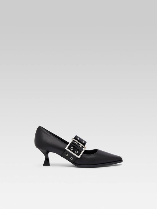 Rocket - Black leather pumps and black patent leather eyelet straps