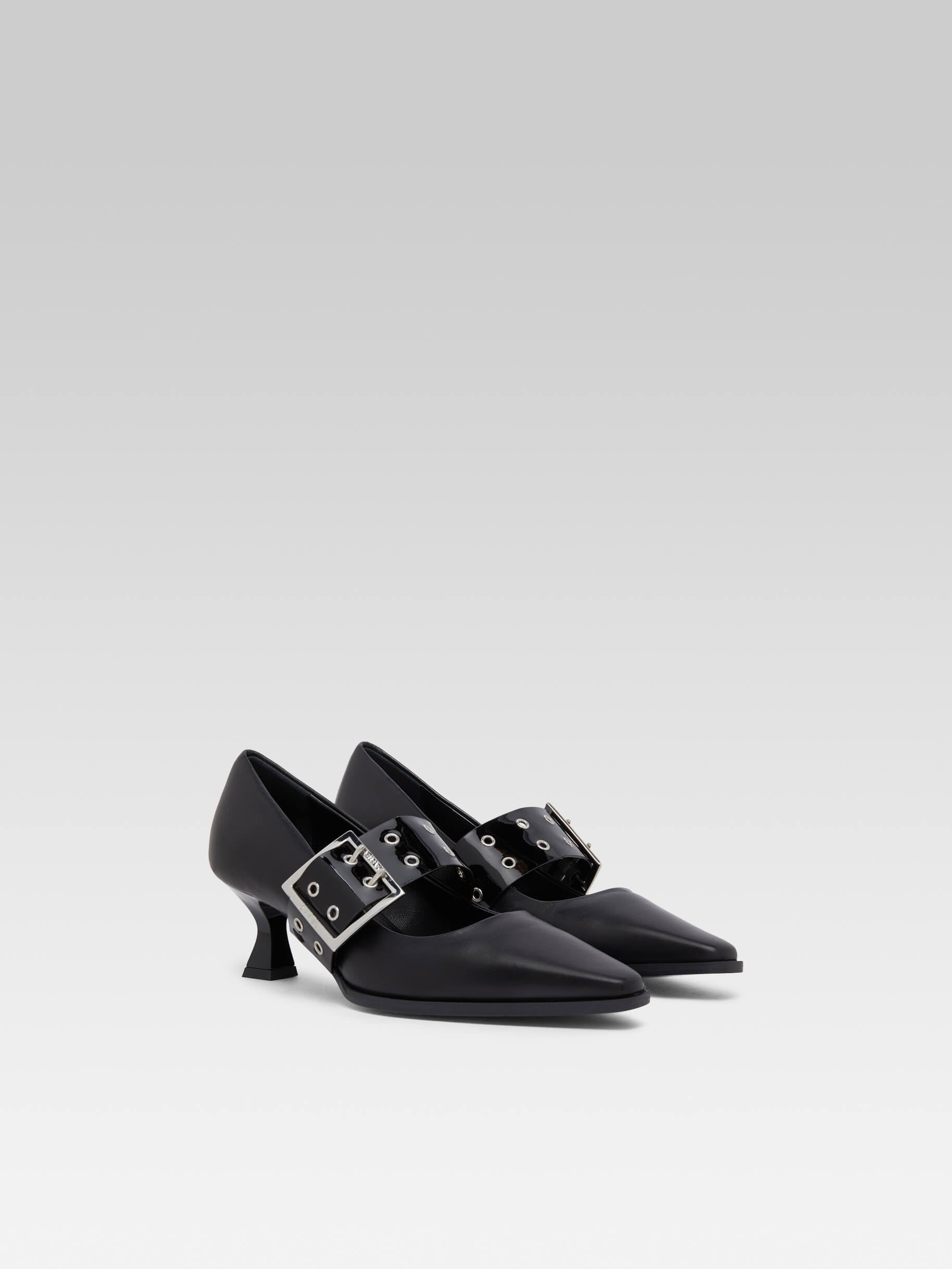 Rocket - Black leather and black patent leather eyelet straps pumps - Image number 2