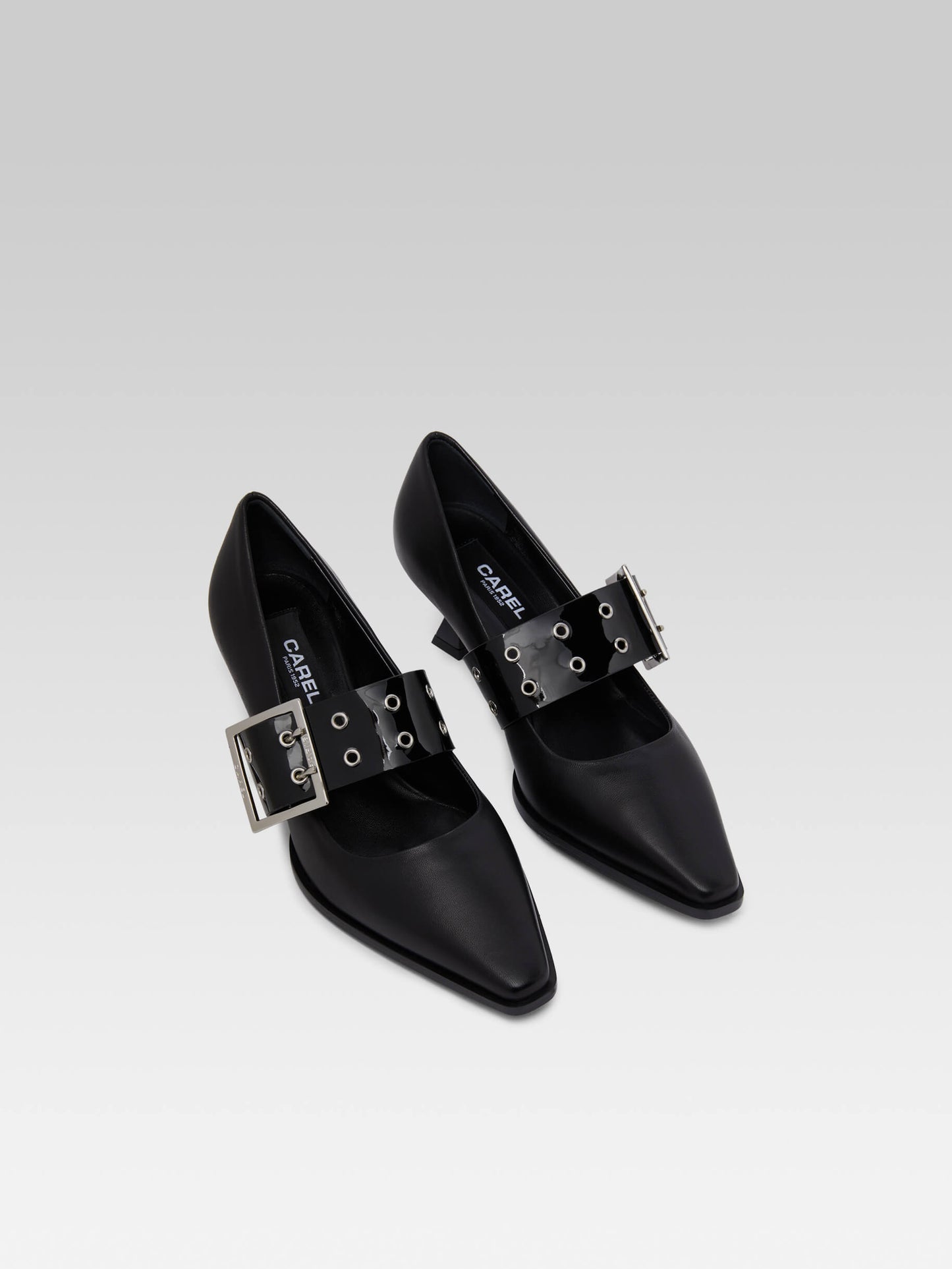 Rocket - Black leather and black patent leather eyelet straps pumps