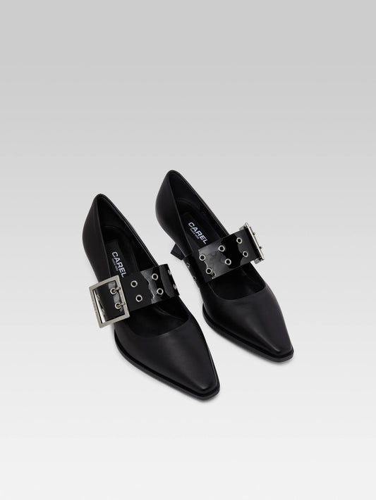 Rocket - Escarpins cuir noir et brides à oeillets cuir verni noir - Image numéro 3