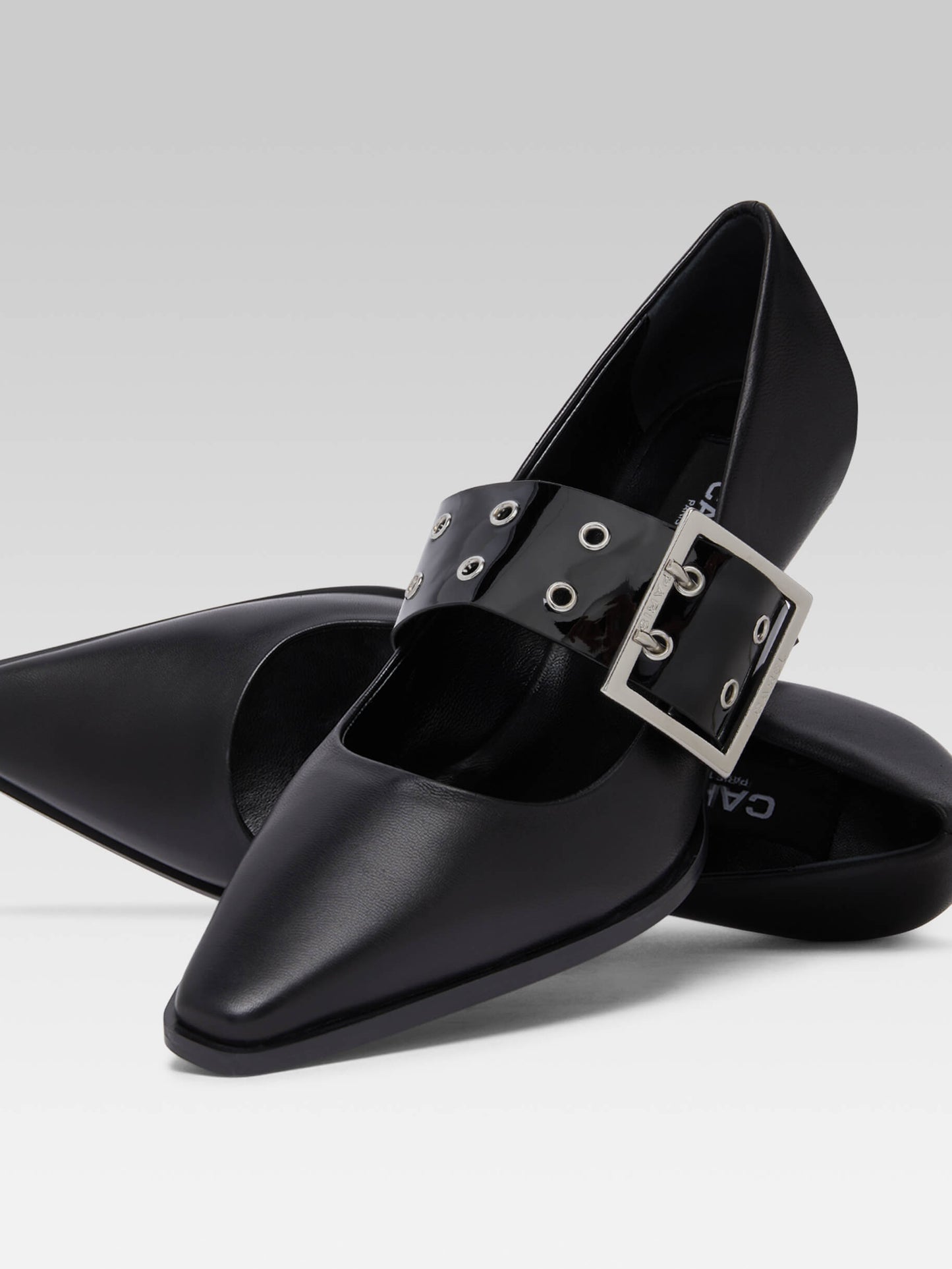 Rocket - Black leather and black patent leather eyelet straps pumps