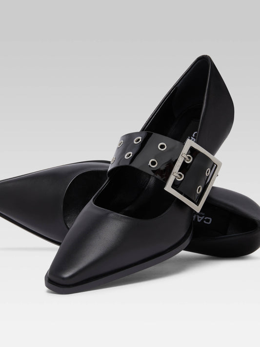 Rocket - Escarpins cuir noir et brides à oeillets cuir verni noir - Image numéro 4