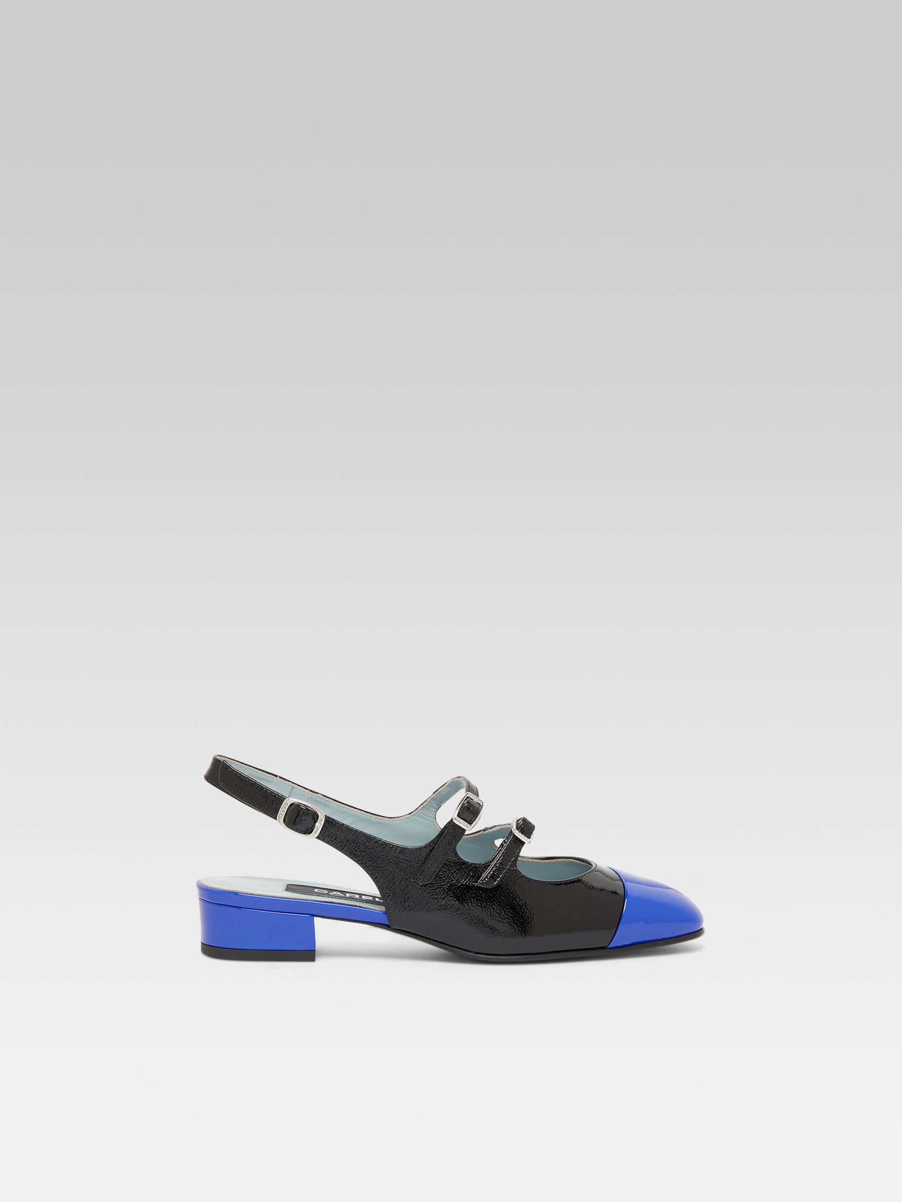 Abricot - Black naplack leather and electric blue patent leather slingback Mary Janes