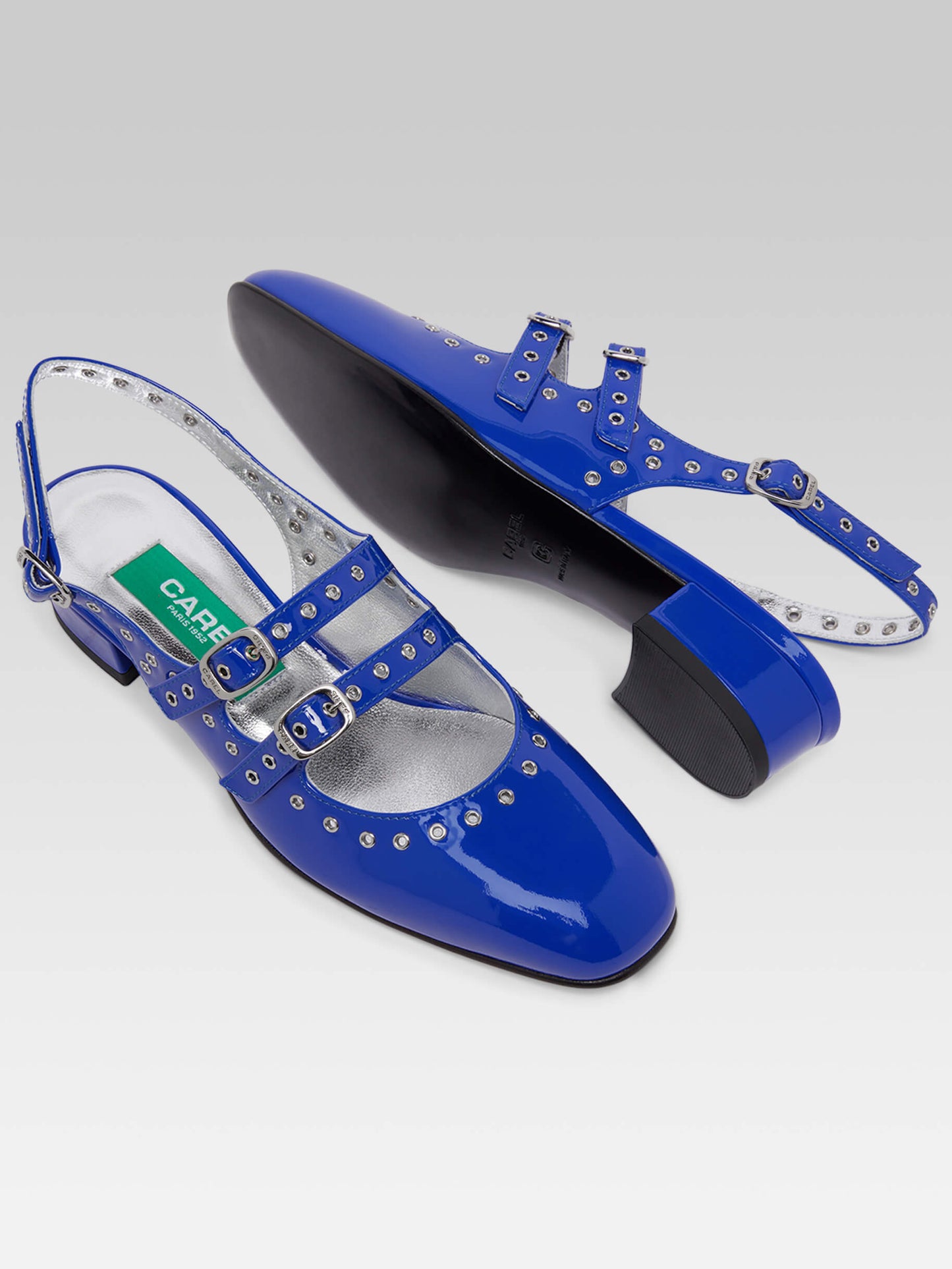 Queen - Babies slingback cuir verni bleu éléctrique upcyclé à oeillets