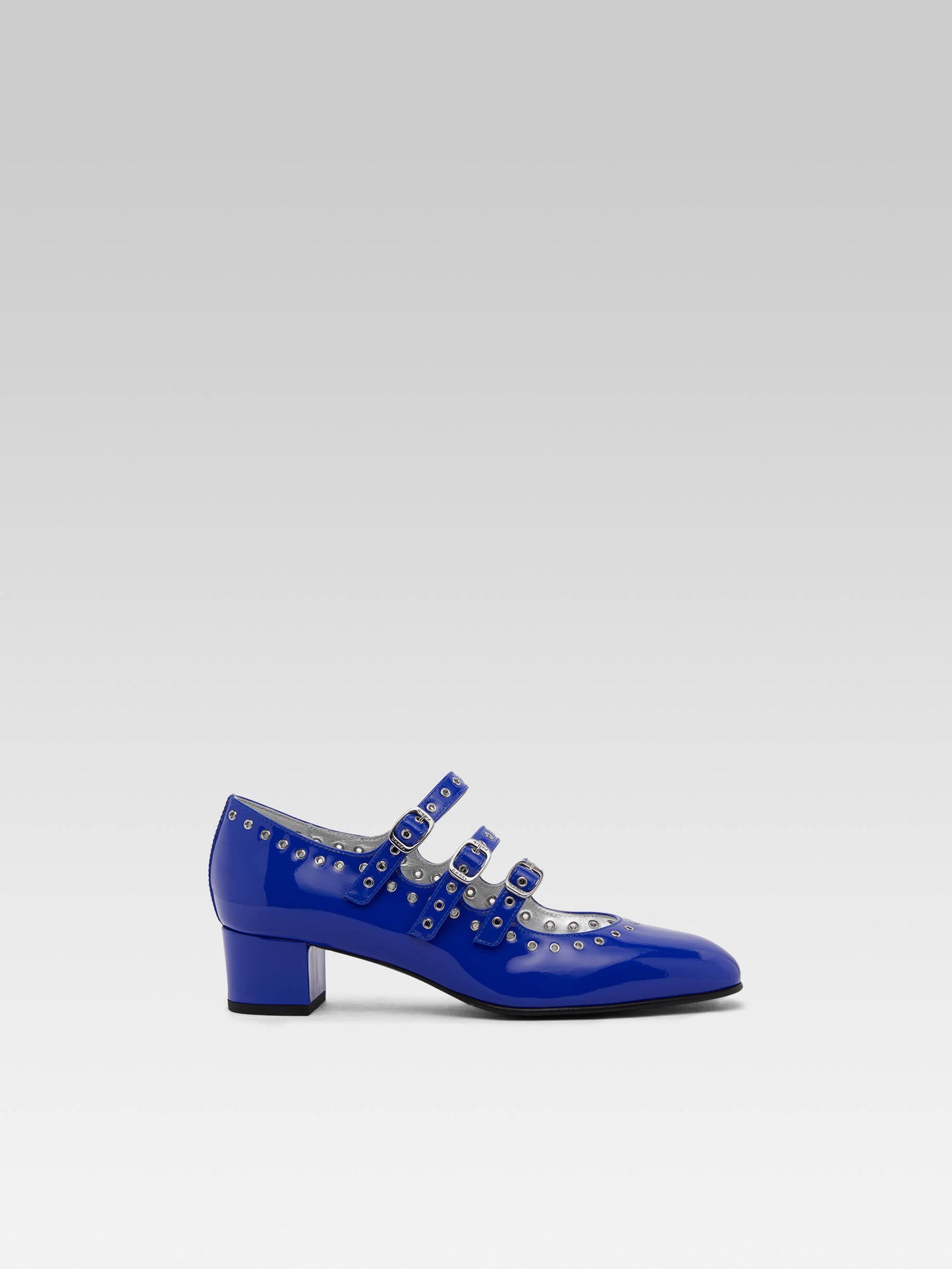 Camden - Upcycled electric blue patent leather mary janes pumps with eyelets