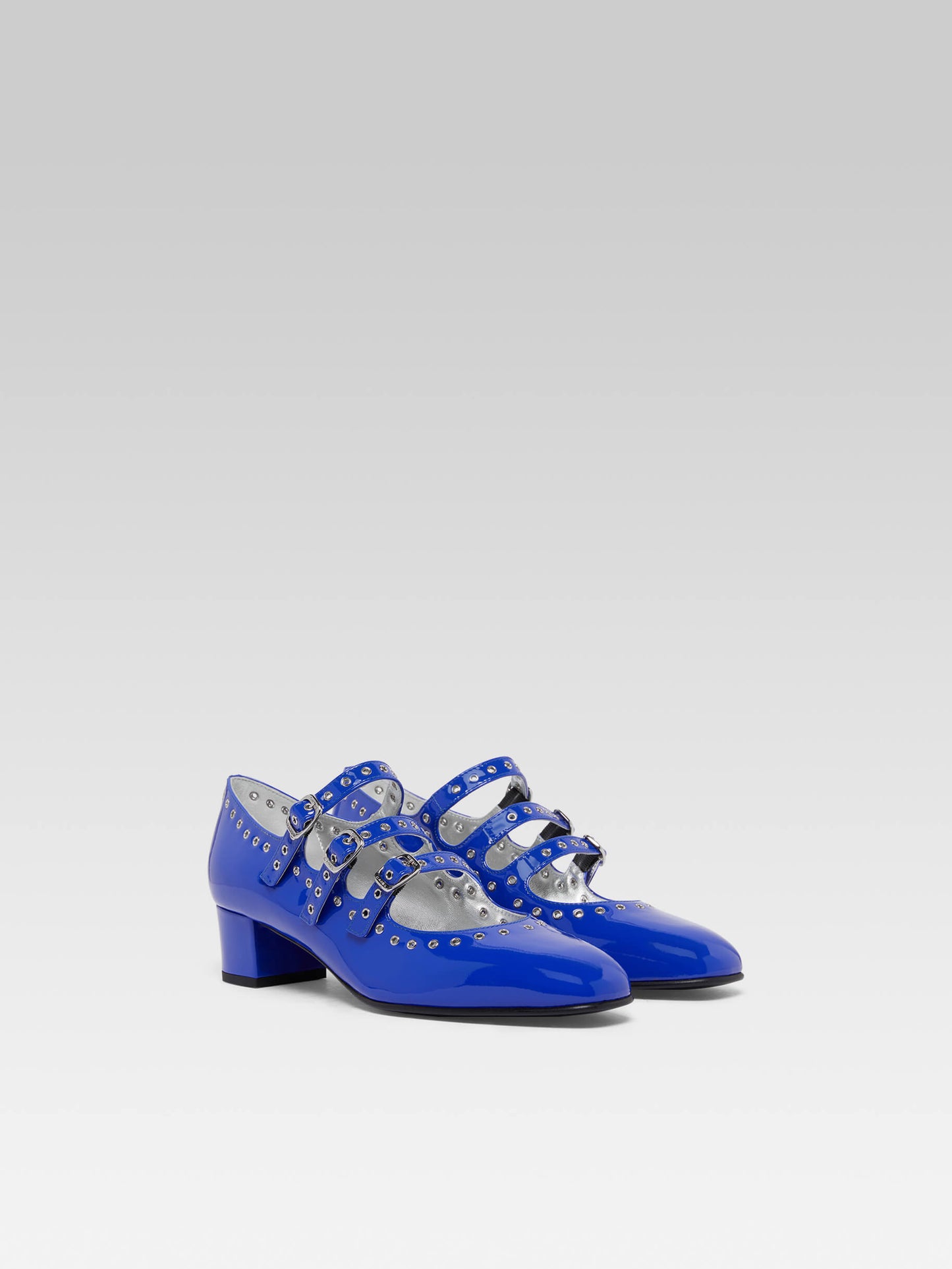 Camden - Upcycled electric blue patent leather mary janes pumps with eyelets