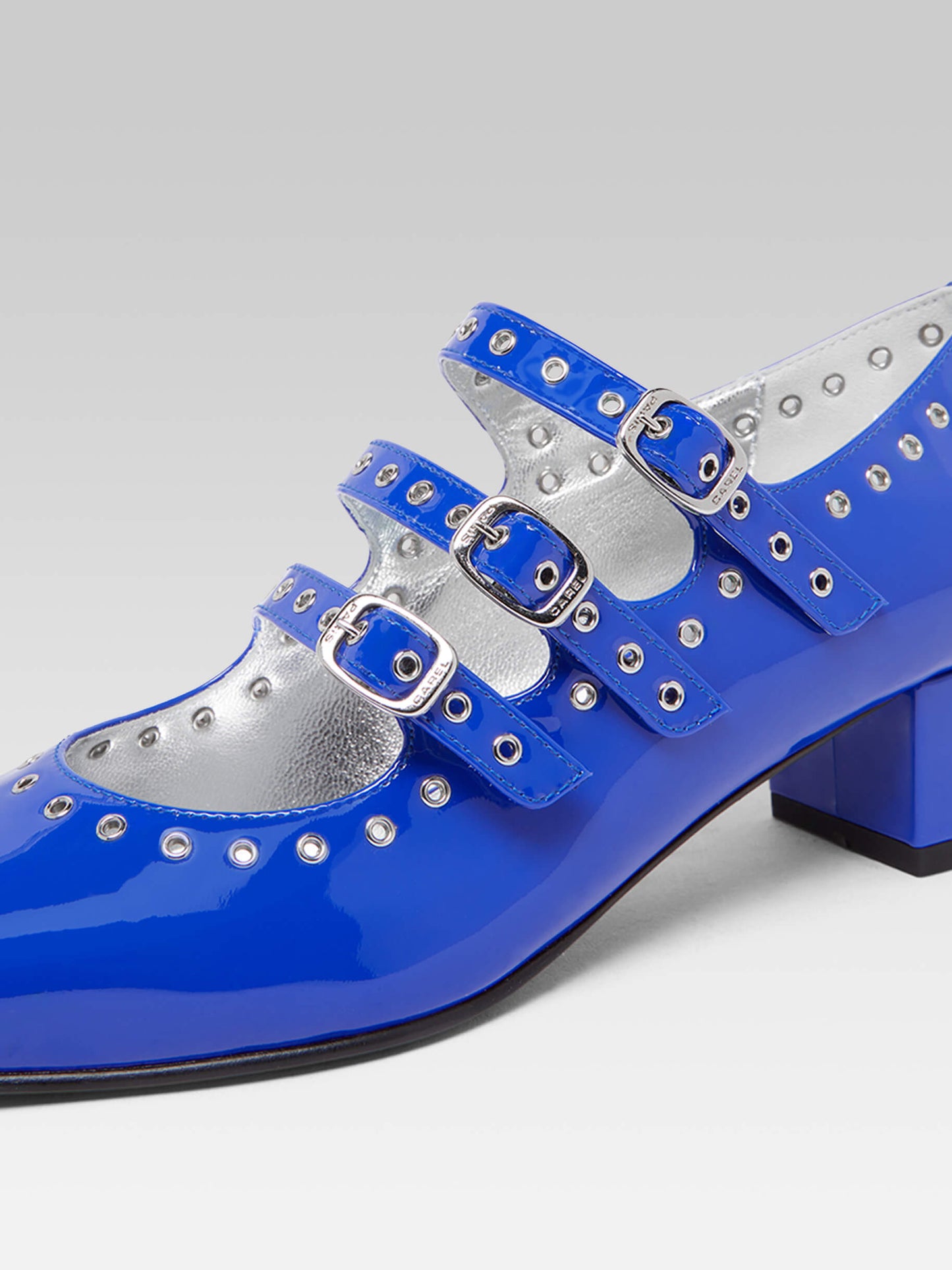 Camden - Upcycled electric blue patent leather mary janes pumps with eyelets