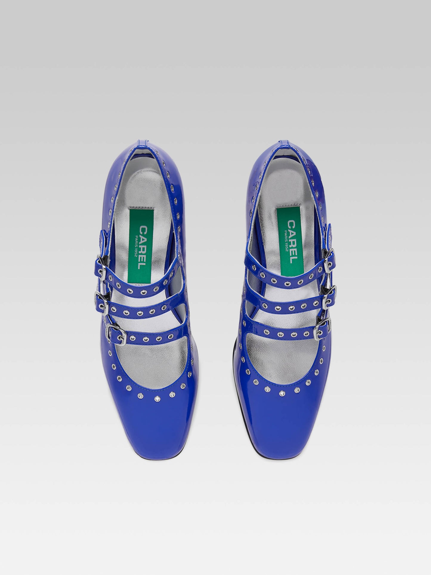 Camden - Upcycled electric blue patent leather mary janes pumps with eyelets