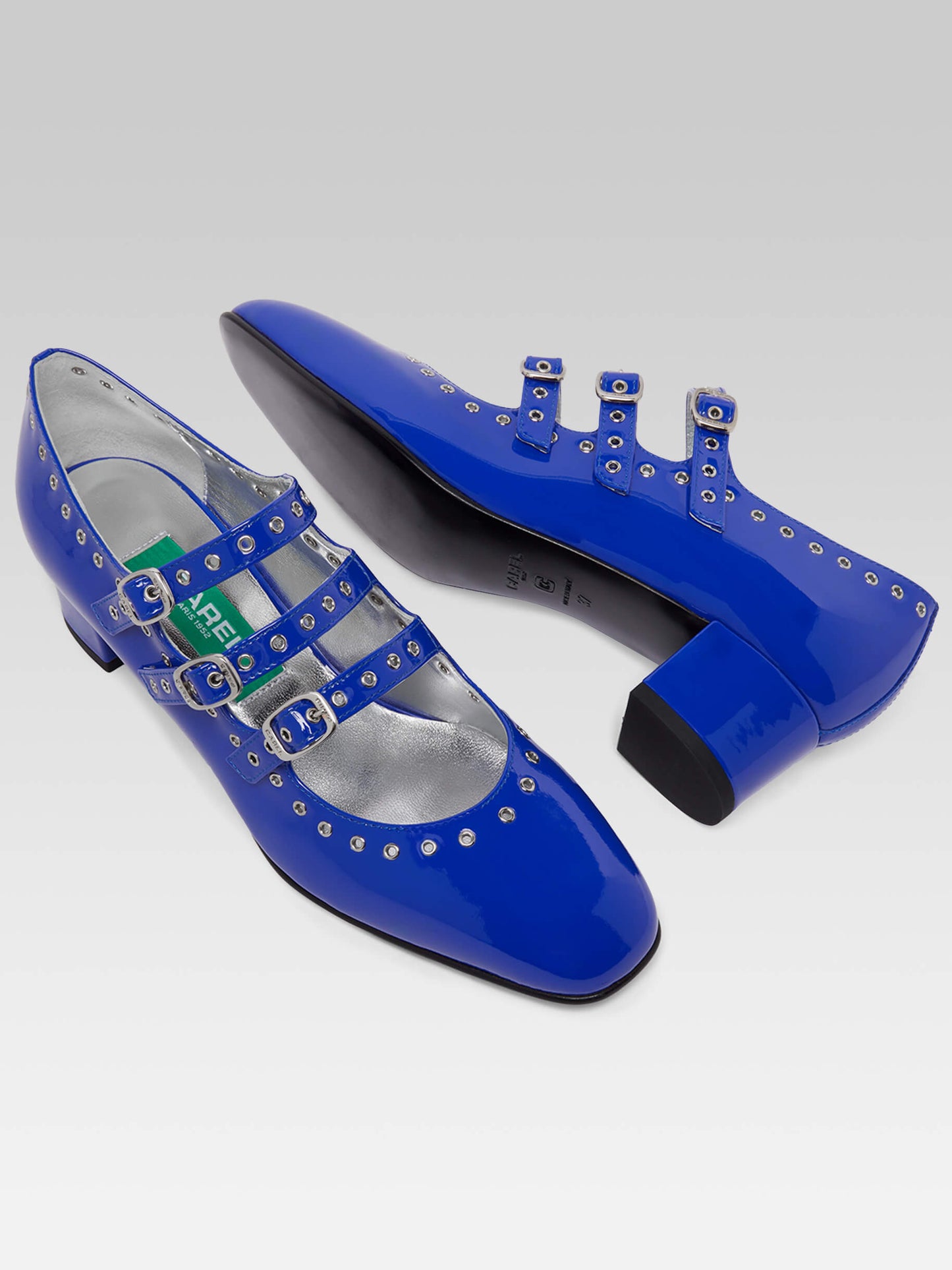 Camden - Upcycled electric blue patent leather mary janes pumps with eyelets