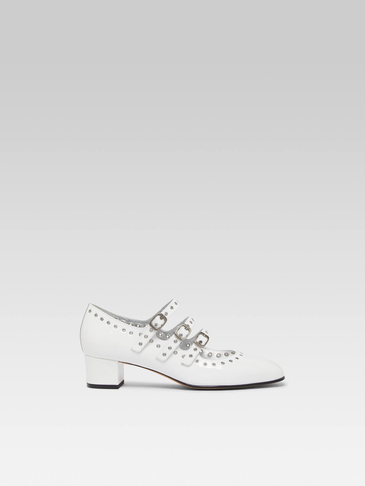 Camden - Upcycled white patent leather mary janes pumps with eyelets