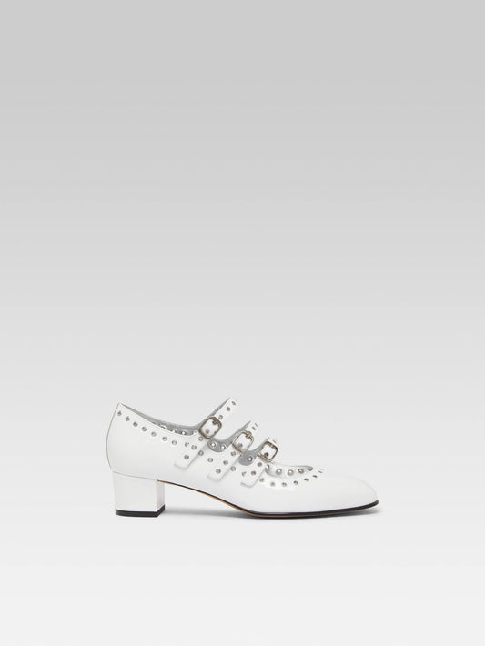 Camden - Upcycled white patent leather mary janes pumps with eyelets