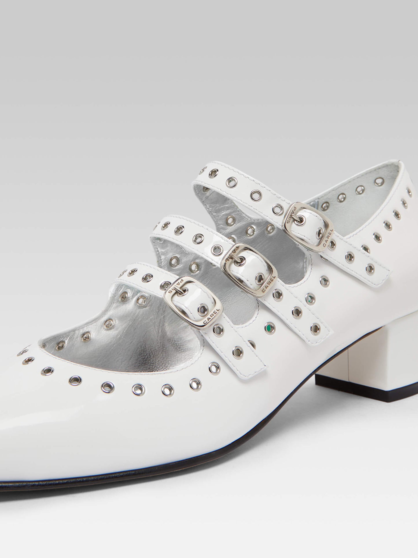 Camden - Upcycled white patent leather mary janes pumps with eyelets