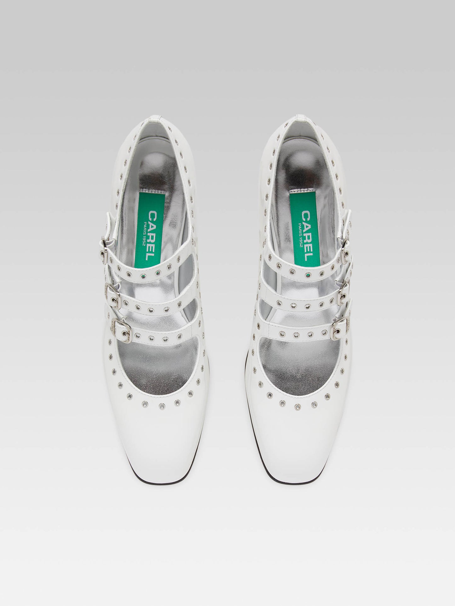 Camden - Upcycled white patent leather mary janes pumps with eyelets