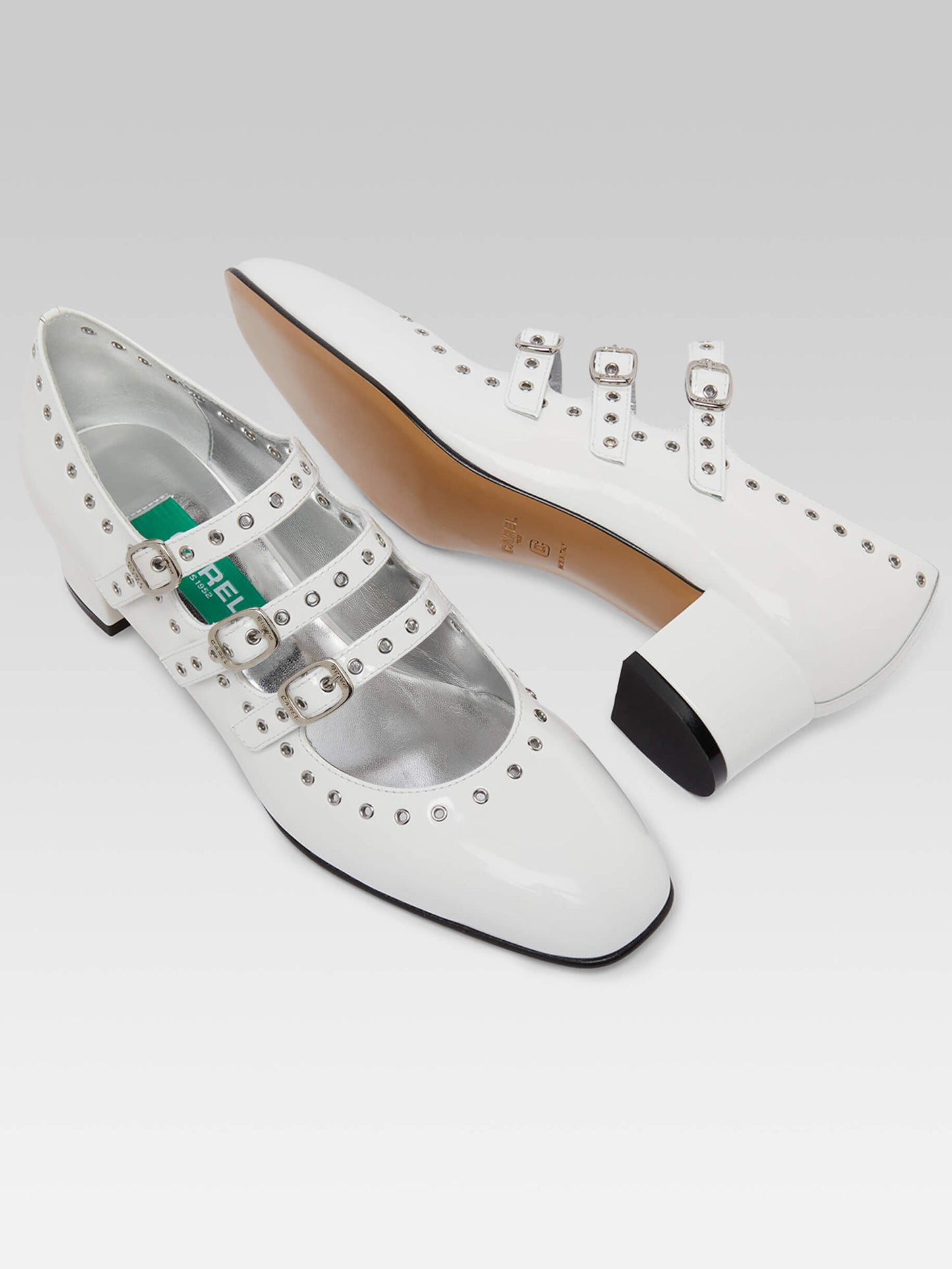 Camden - Upcycled white patent leather mary janes pumps with eyelets