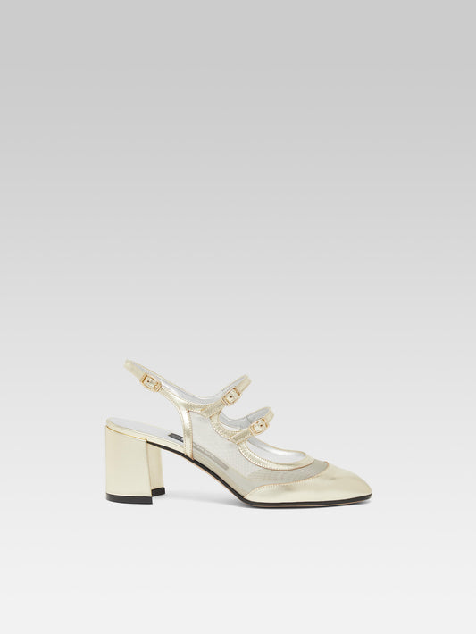 Bananight - Platinum laminated leather and mesh slingback Mary Janes