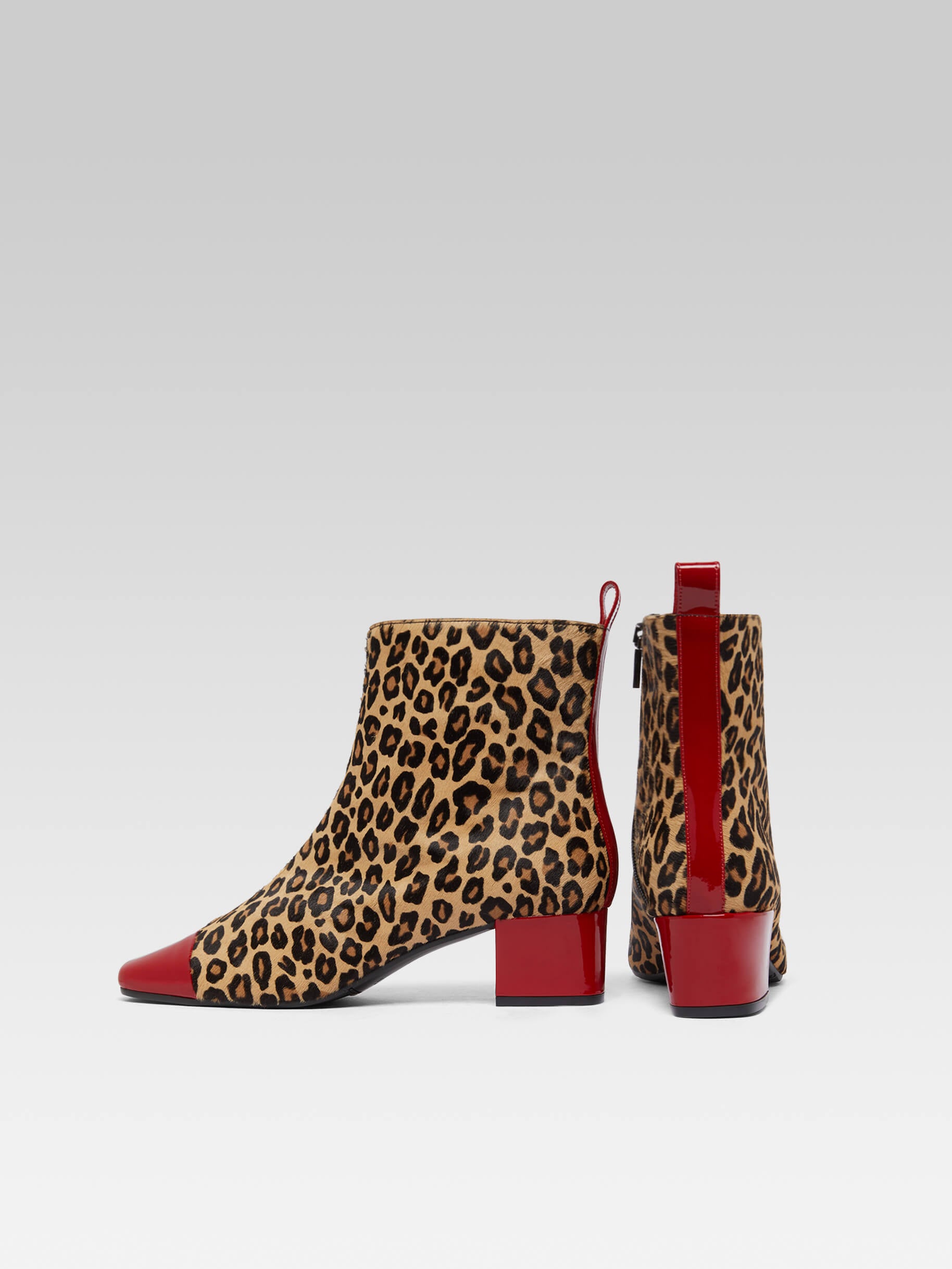 Estime Leopard print leather and red patent leather upcycled ankle boots Carel Paris