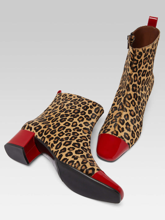 Estime - Leopard print leather and red patent leather upcycled ankle boots