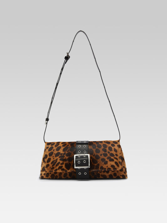 Maddie - Upcycled leopard and black glossy leather shoulder bag with eyelets